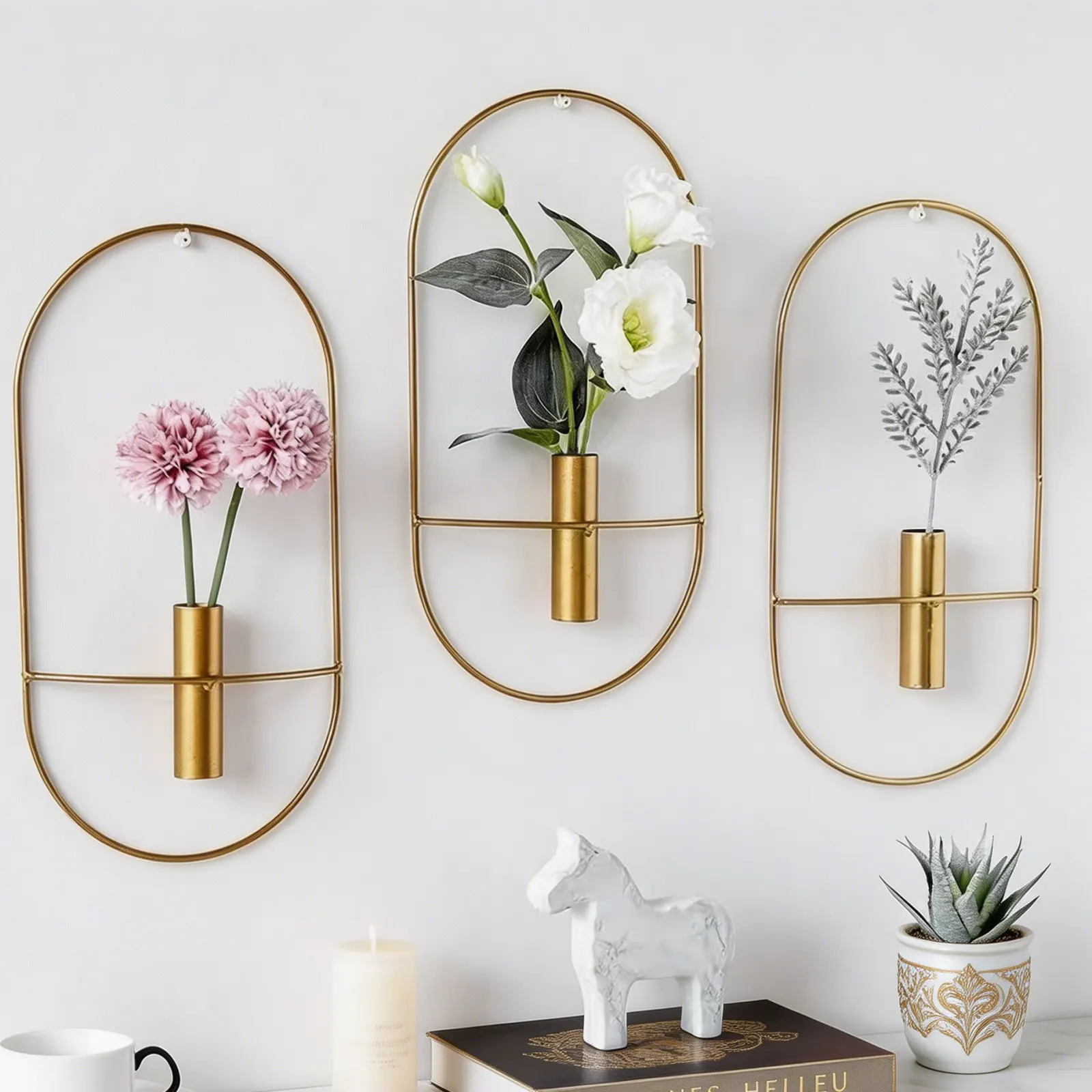 Geometric Metal Wall-Mounted Plant Stand and Hanging Vase